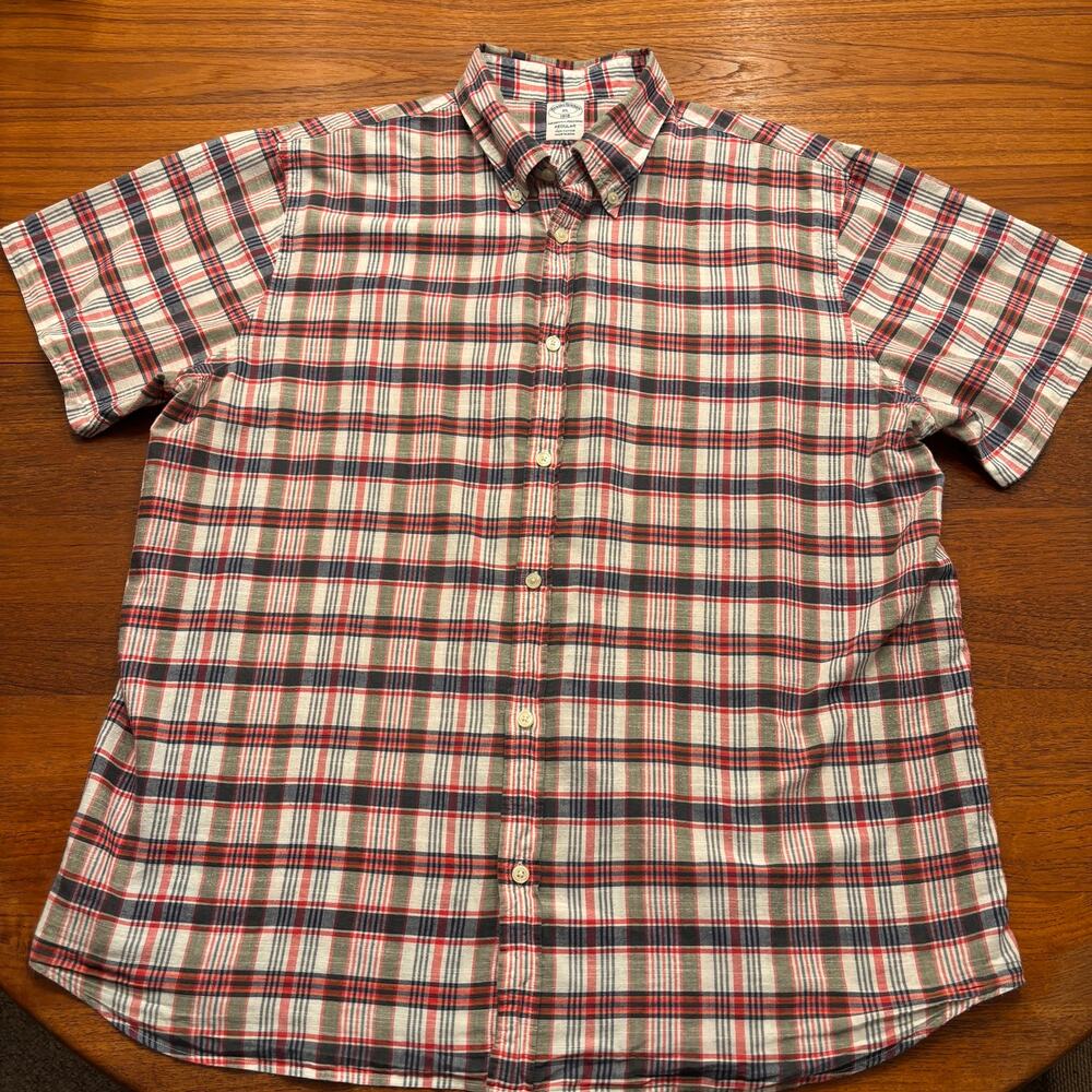 Brooks Brothers Men's Red Gray Plaid Short Sleeve Button Down Shirt XL